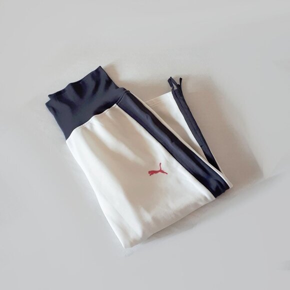 Preloved Puma white & contrasting blue grey wide leg cropped trackpants, L - Picture 1 of 12